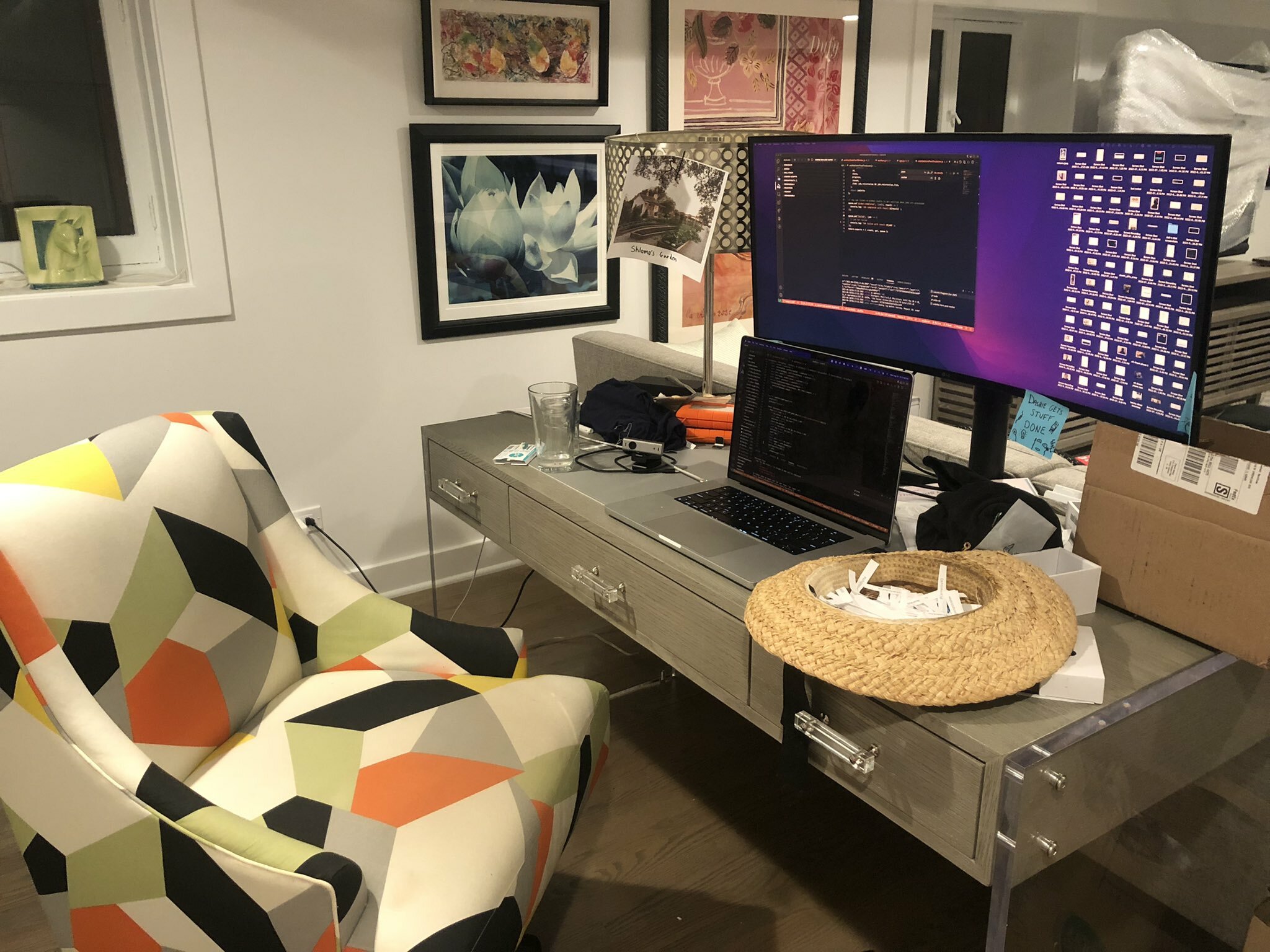 Picture of a desk and a chair from 45 degrees angle
